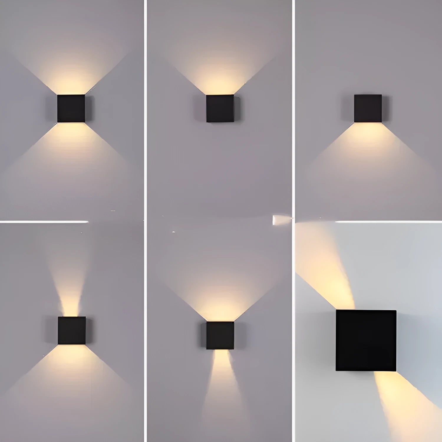 Square aluminium wall lamp in black on a corridor wall, showing adjustable colour temperature settings from warm to cool light.