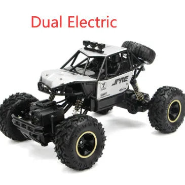 Large black 4WD remote control climbing car and smaller silver high-speed model with 2.4G remote.