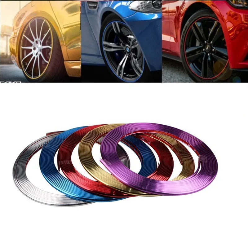 Galvanised purple PVC wheel hub trim protection strip on car alloy wheel