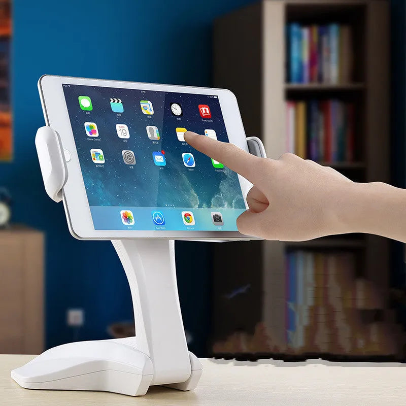 White adjustable tablet stand holding a tablet at 250mm height with clip stretching mechanism