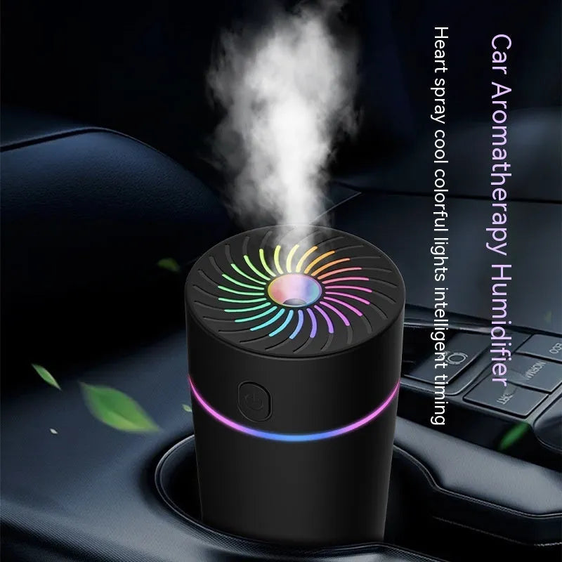 New car USB mini humidifier with aromatherapy function in white, shown with timer dial