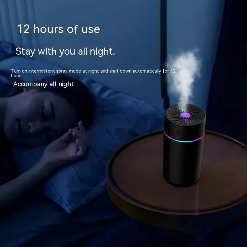 New car USB mini humidifier with aromatherapy function in white, shown with timer dial