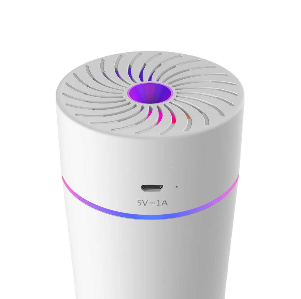 New car USB mini humidifier with aromatherapy function in white, shown with timer dial