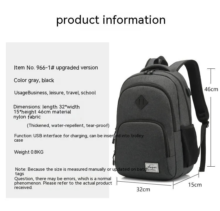 Grey lightweight travel backpack with USB charging port and trolley case sleeve