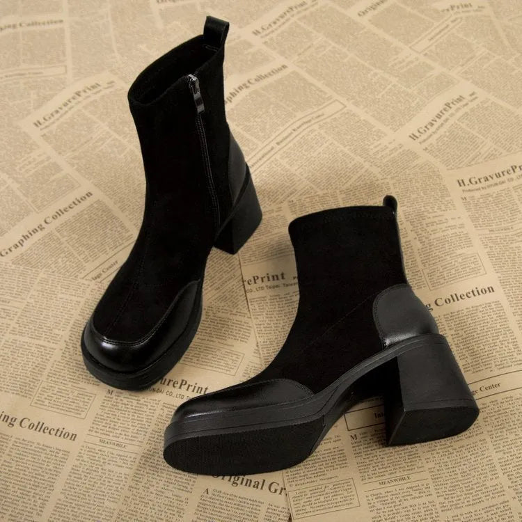 Thick bottom chunky heel Martin boots for women in black with lace-up fastening and rubber sole