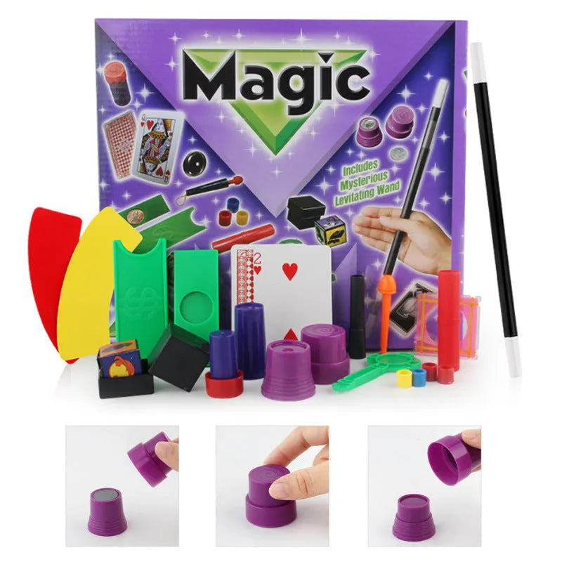 Purple and red magic prop set for children aged 3-7 years in cardboard carton packaging