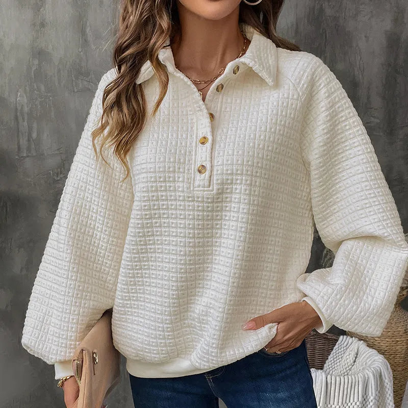 Women's milk white polo collar thick sweater with textured fabric and long sleeves