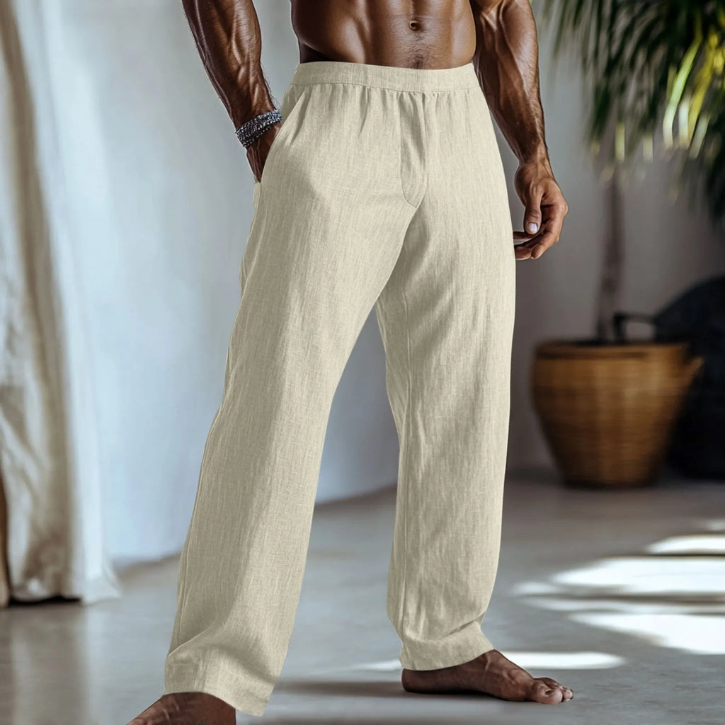 Cotton and linen straight-leg casual trousers in British style with straight leg openings