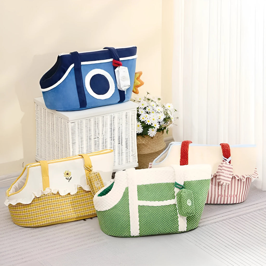 Soft plush pet carrier shoulder bag with cartoon pattern in green, red, and yellow colours