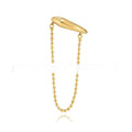 Ball chain tassel ear clip in gold on left ear, copper geometric U-shaped design