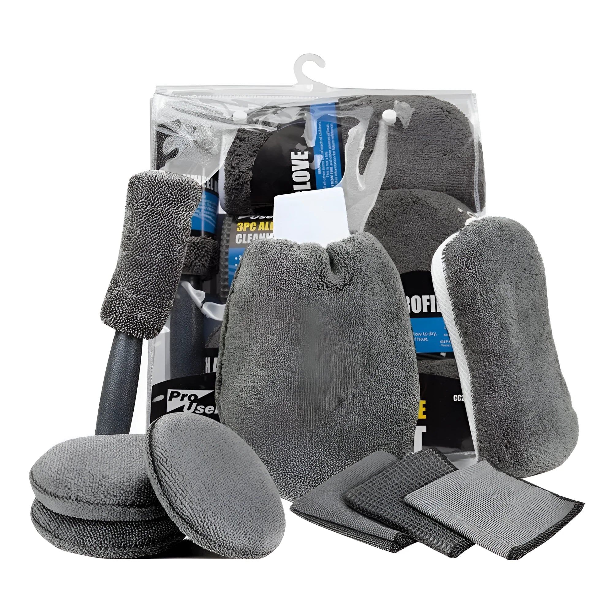 9-piece grey microfiber car wash set with sponge gloves brush and cleaning towels