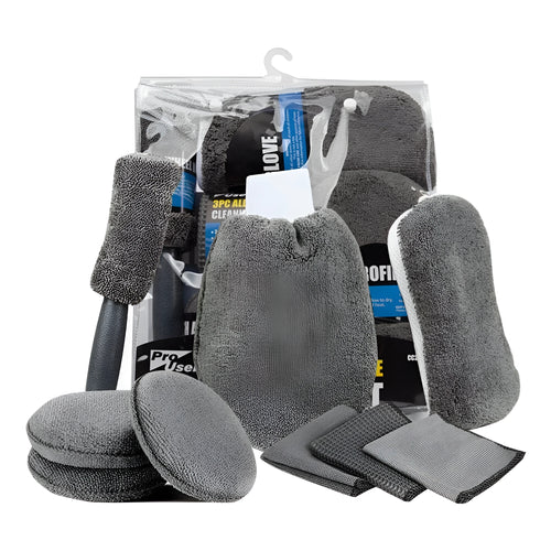 9-piece grey microfiber car wash set with sponge gloves brush and cleaning towels