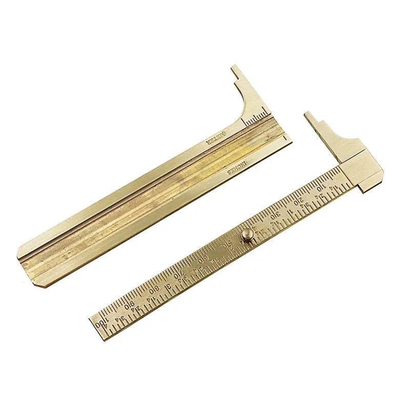 Double scale mini copper caliper with brass casting body and clear vernier markings on a white background