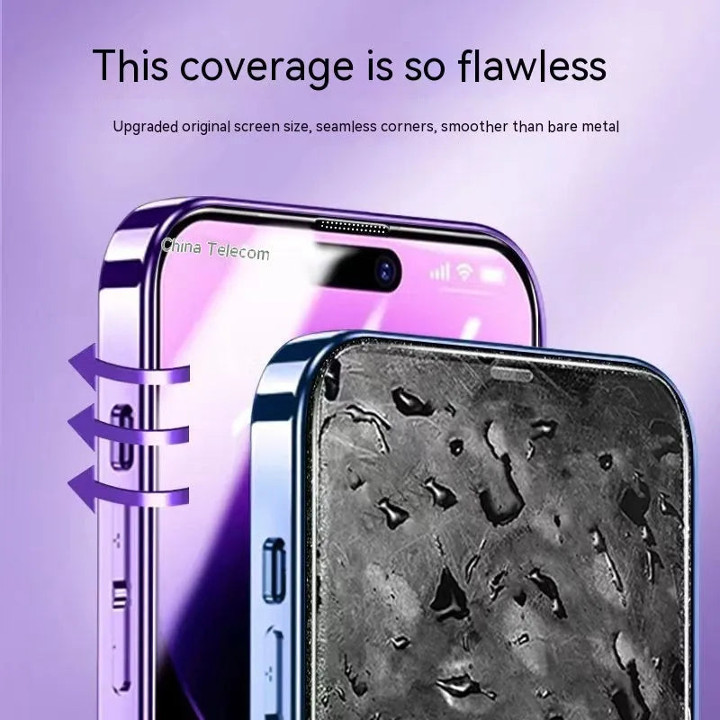 Clear HD tempered glass screen protector for iPhone 15 Pro with electroplated anti-fingerprint coating and dustproof net