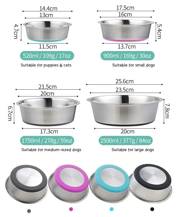 Stainless steel pet bowl in blue with a 22cm diameter on a white background