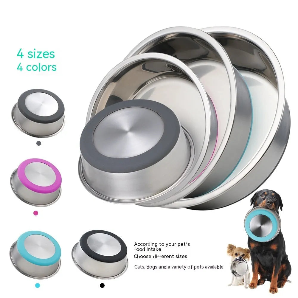 Stainless steel pet bowl in blue with a 22cm diameter on a white background