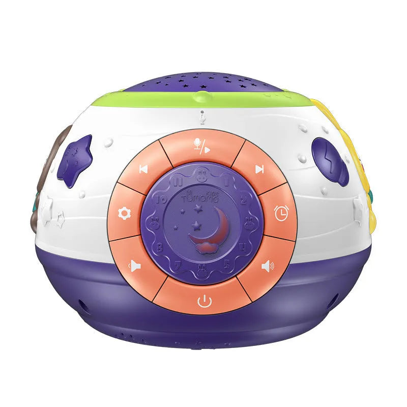 White cube-shaped children's night light projector showing starry sky projection with control button on top