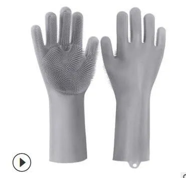 Blue silicone cleaning gloves with a textured sponge palm design for scrubbing.