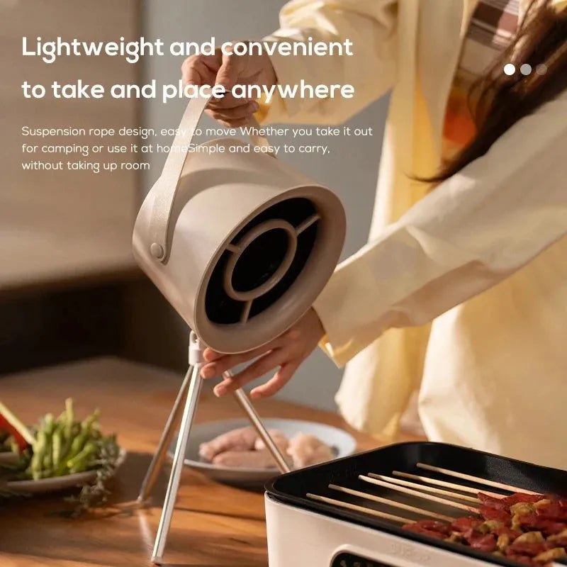 Milky white portable desktop exhaust fan with USB cable and removable filter on tripod stand