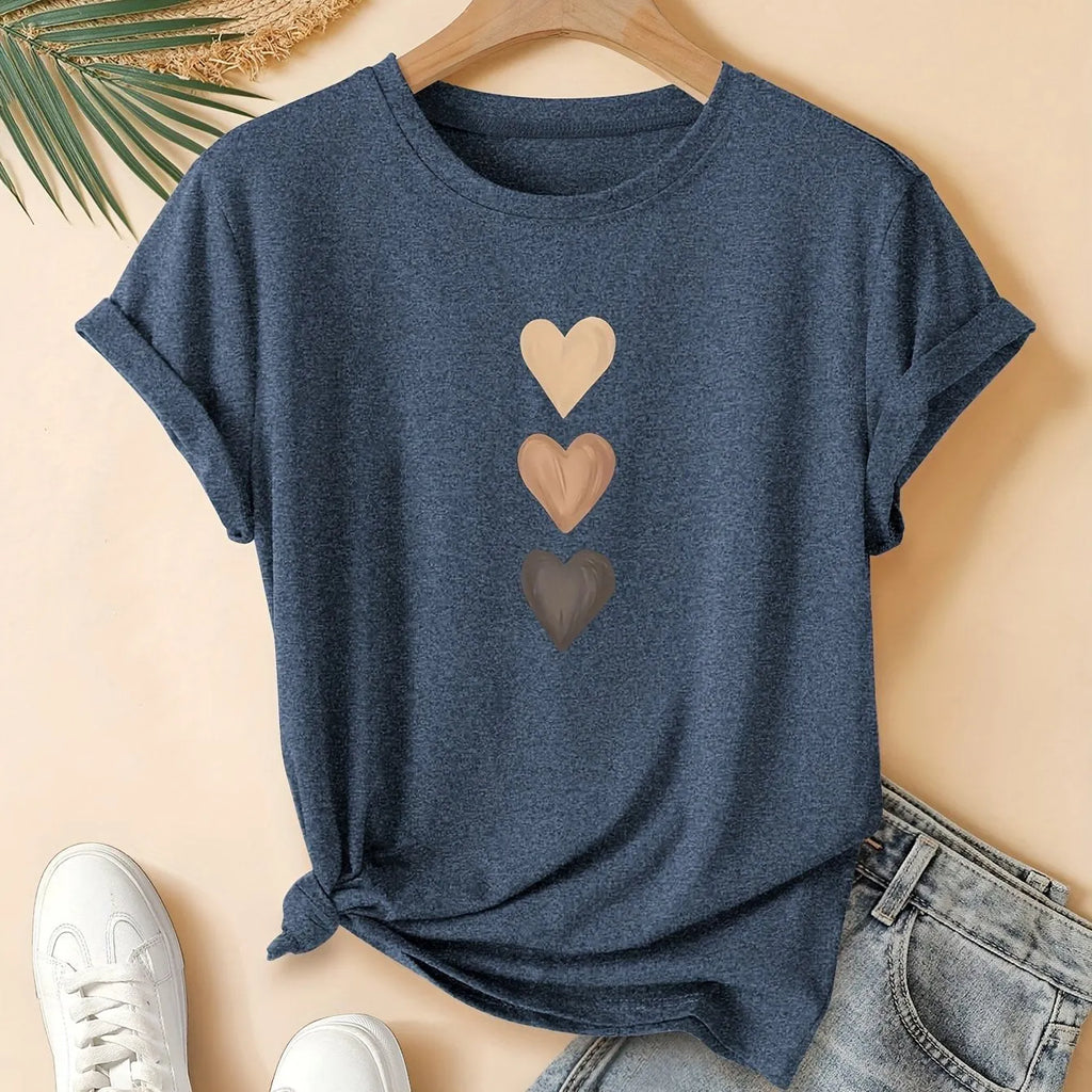 Three heart print pure cotton women's short sleeve round neck T-shirt in grass green colour