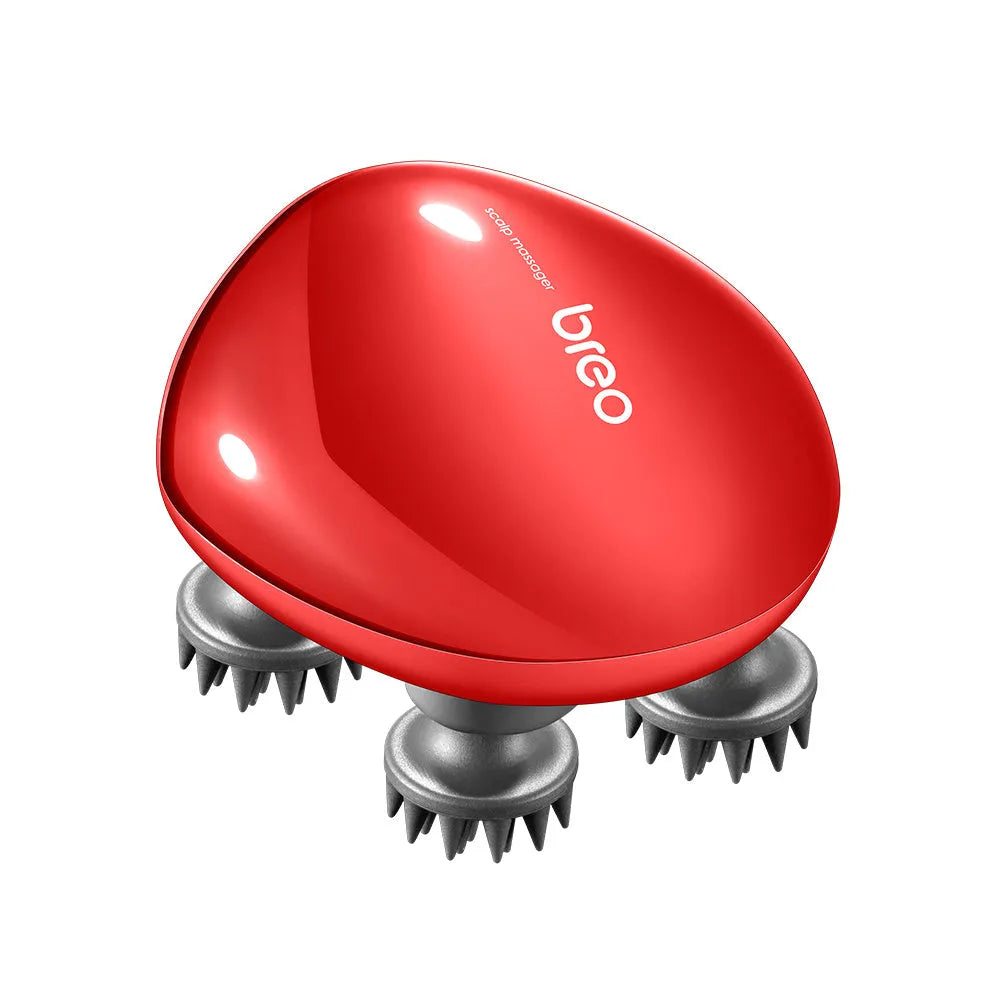 Red electric scalp massager with 2m power cord showing 110mm x 120mm x 82mm dimensions
