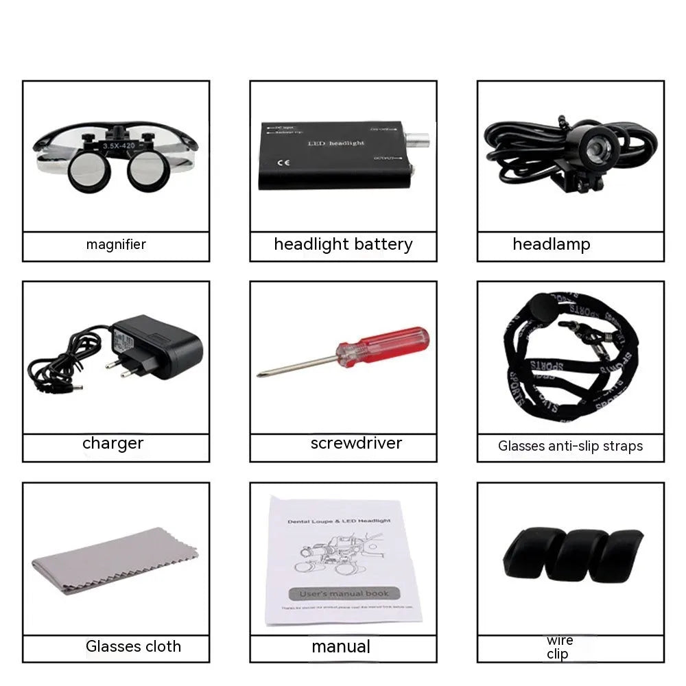 Black plastic head-mounted dental magnifying glass with LED light and 3.5X magnification lens