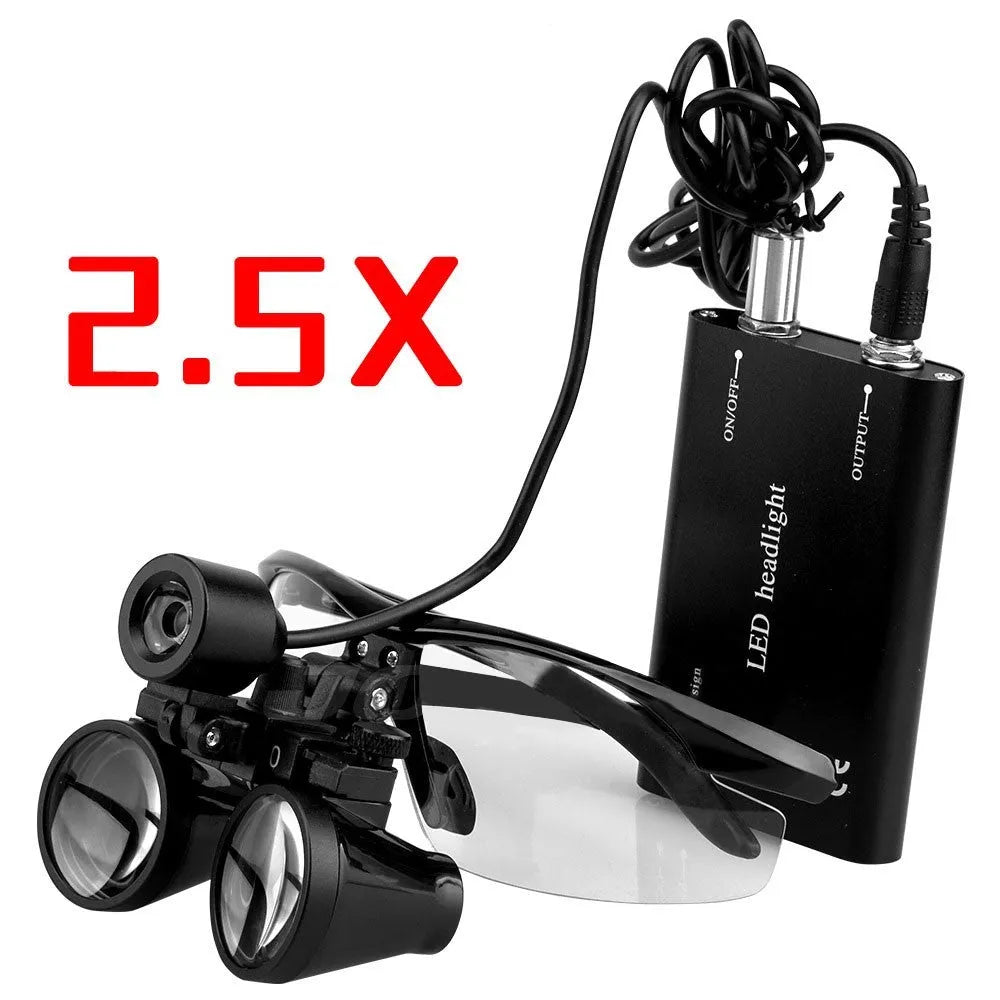 Black plastic head-mounted dental magnifying glass with LED light and 3.5X magnification lens
