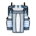 Gray baby diaper organizer hanging on crib with adjustable Velcro straps, TC Oxford cloth construction