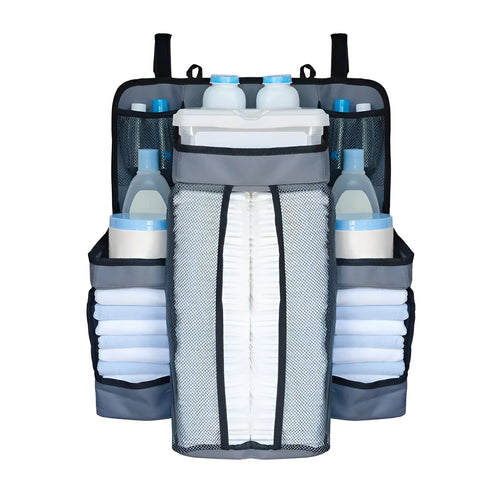 Gray baby diaper organizer hanging on crib with adjustable Velcro straps, TC Oxford cloth construction