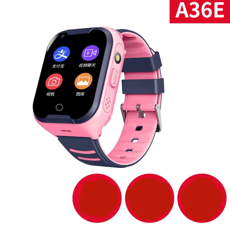 Blue children's smart watch with a 1.44-inch screen on a silicone strap, showing GPS and video call icons.