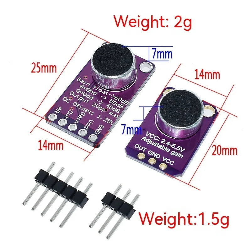 MAX9814 automatic gain control microphone amplifier module with CMA-4544PF-W electret condenser microphone