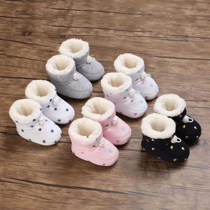 Thickened cotton baby shoes for autumn winter with non-slip sole and elastic band in black white, dark blue, gray, and pink