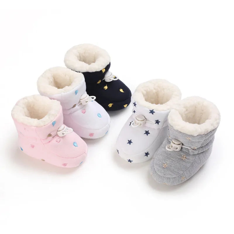 Thickened cotton baby shoes for autumn winter with non-slip sole and elastic band in black white, dark blue, gray, and pink