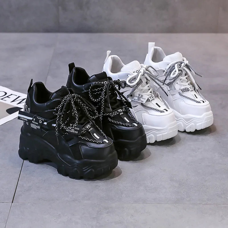 White women's mesh platform sports shoes with cross strap and a 6-8cm rubber sole.