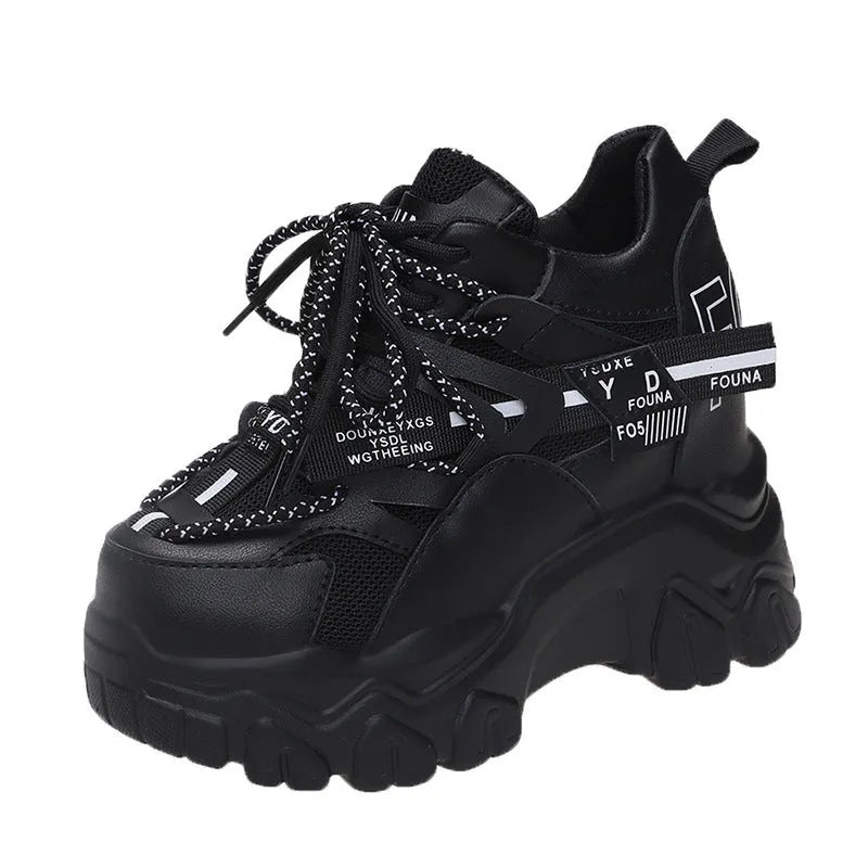 White women's mesh platform sports shoes with cross strap and a 6-8cm rubber sole.