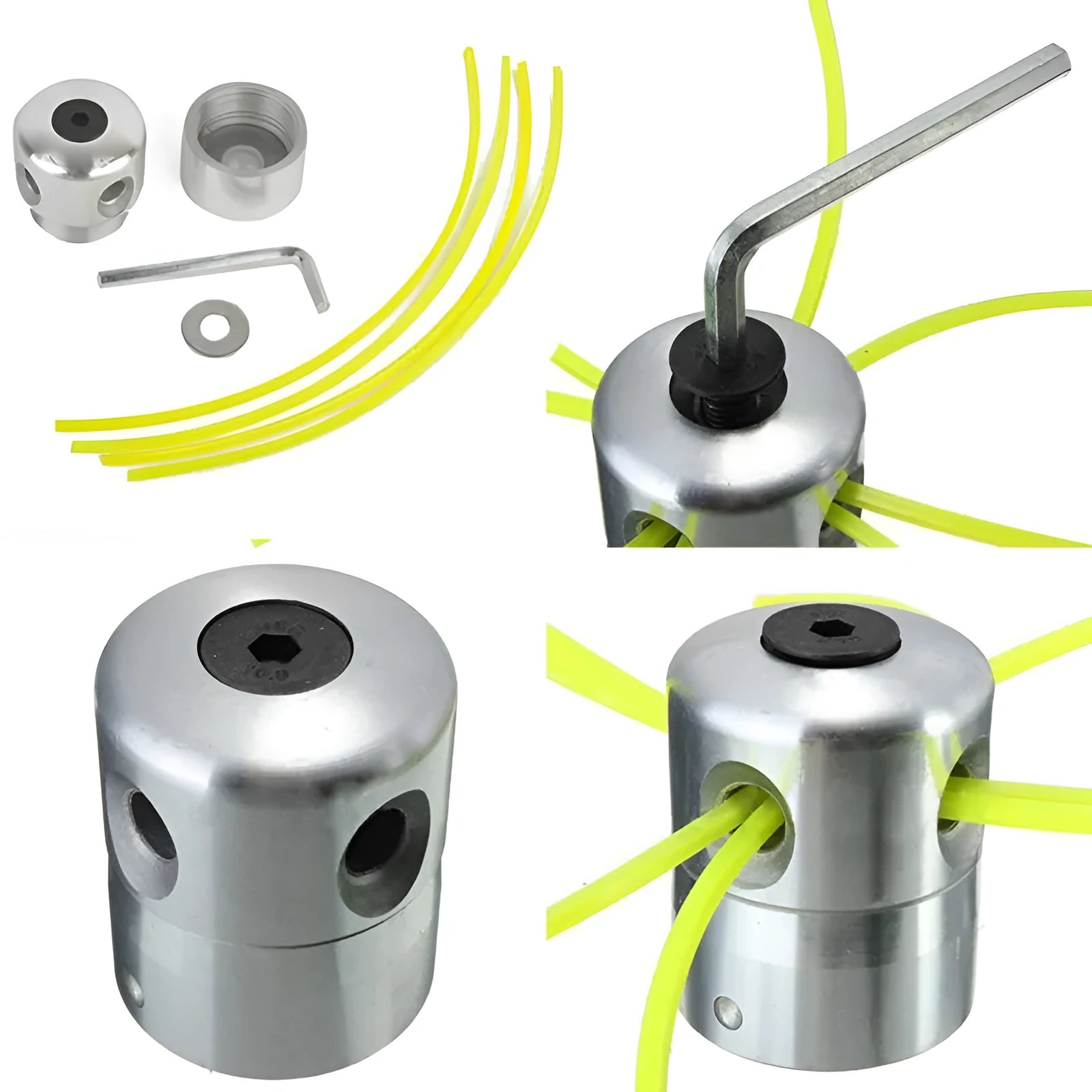 Silver aluminium lawn mower grass head kit with four light yellow cutting lines and a wrench