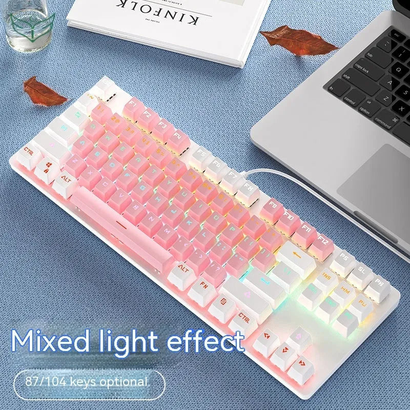 87 key mechanical keyboard with green axis switches, blue white mixed light, compact plastic build