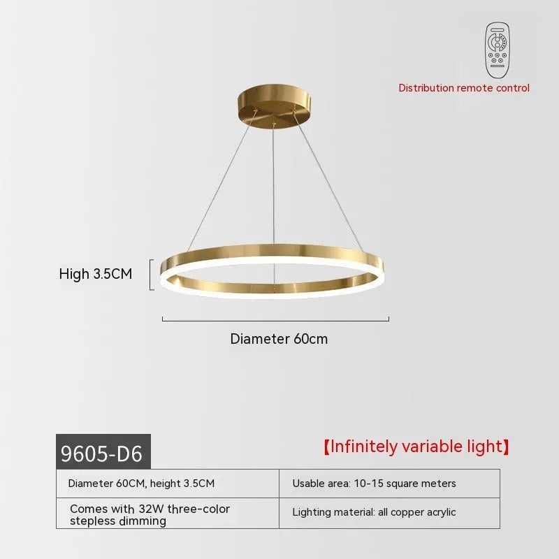 Nordic modern copper circle chandelier with acrylic diffuser, three circle chain, 40cm or 60cm, for living room