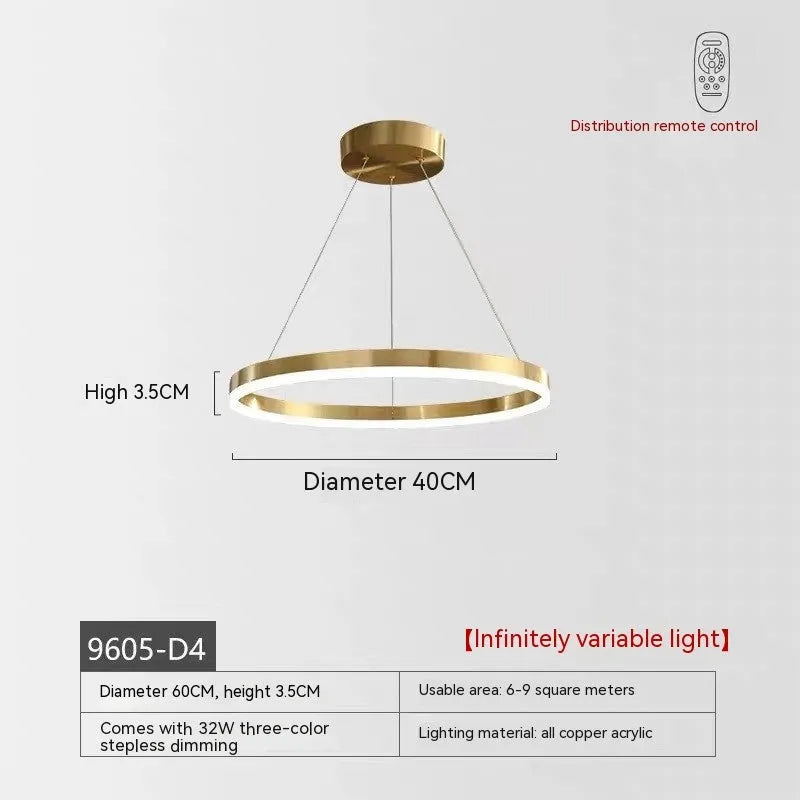 Nordic modern copper circle chandelier with acrylic diffuser, three circle chain, 40cm or 60cm, for living room