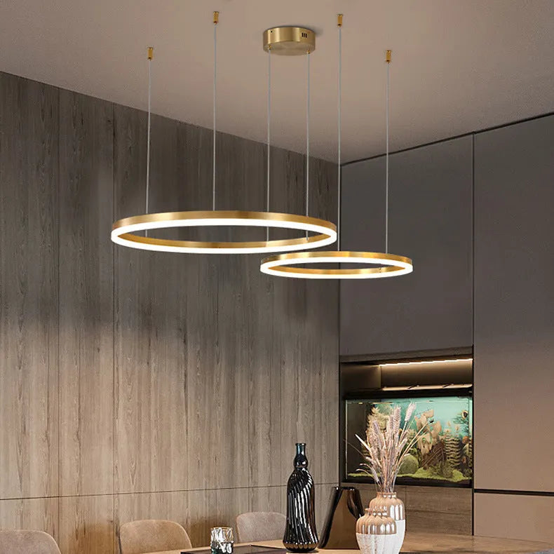 Nordic modern copper circle chandelier with acrylic diffuser, three circle chain, 40cm or 60cm, for living room