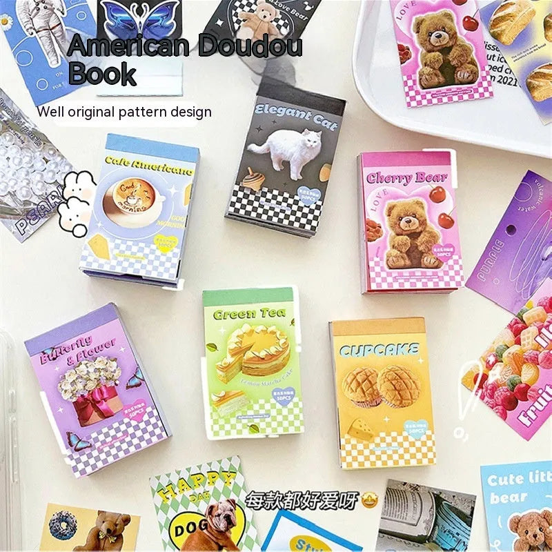 American retro cartoon sticker book showing 50 adhesive sheets measuring 4x6cm for journal decoration