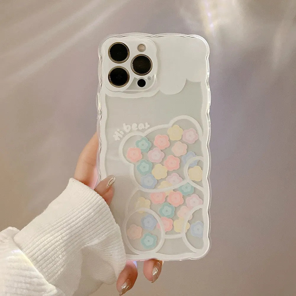 Transparent wave edge silicone phone case with blueberry flower pattern for Apple iPhone