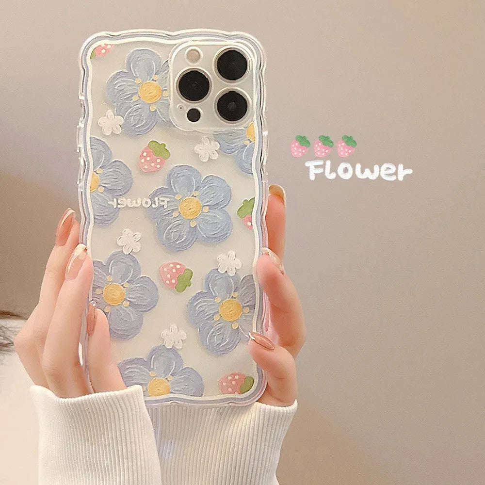 Transparent wave edge silicone phone case with blueberry flower pattern for Apple iPhone