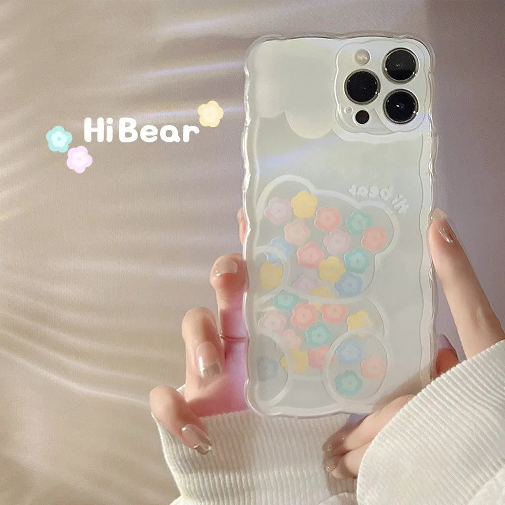 Transparent wave edge silicone phone case with blueberry flower pattern for Apple iPhone