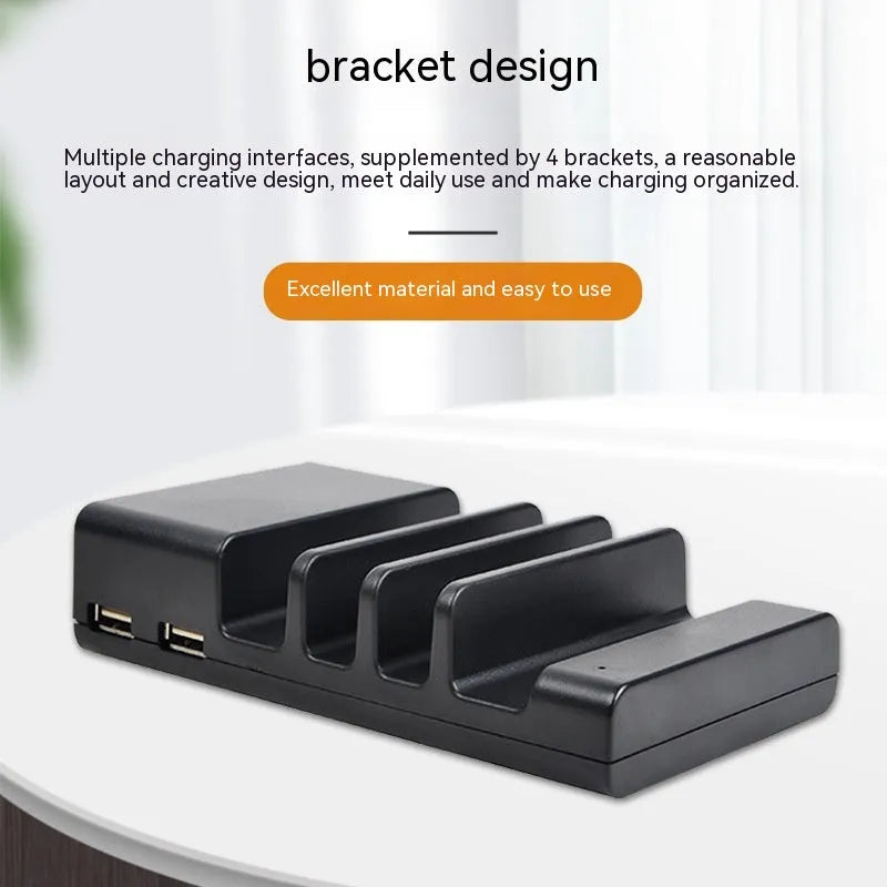 Black plastic Smart universal phone desktop fast charger with USB interface on white background