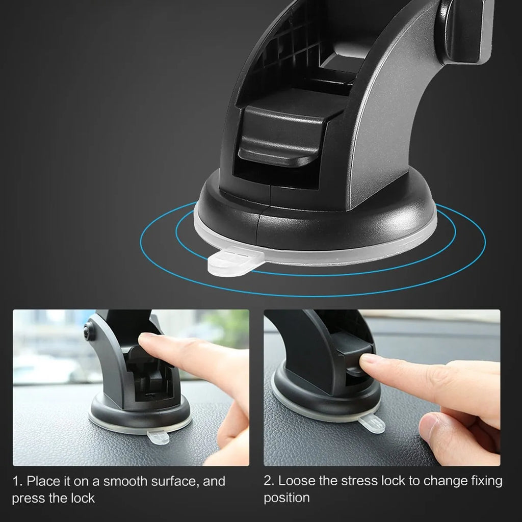 Car phone holder with black suction cup and telescopic arm on car dashboard