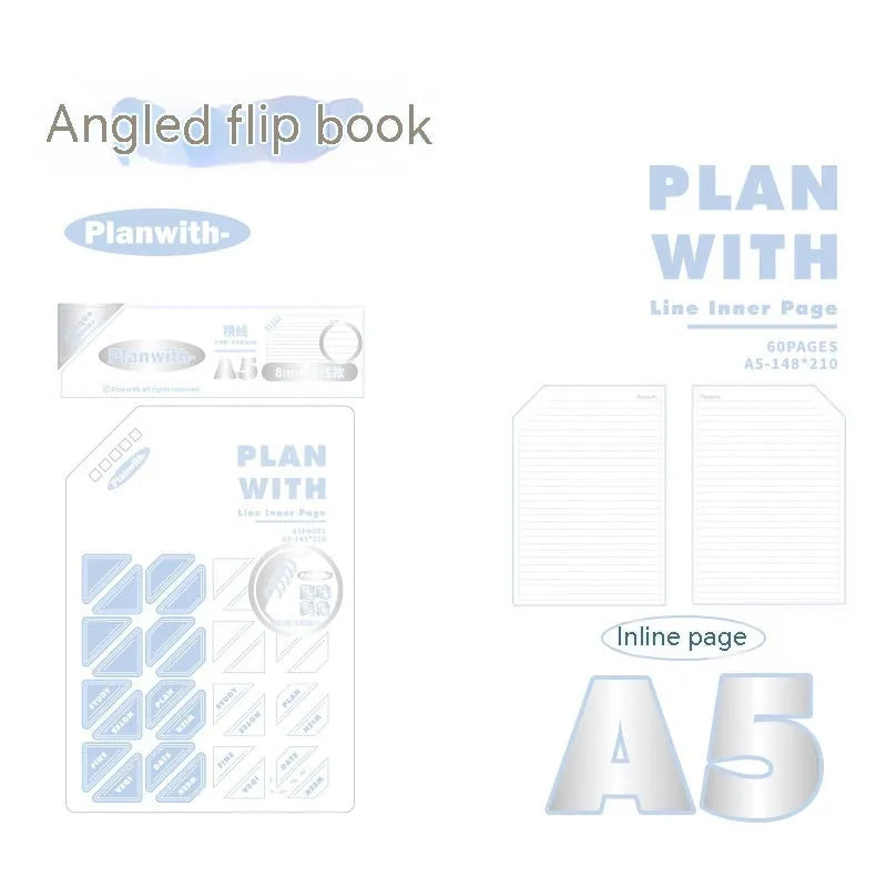 Oblique angle artsy ins style student notebook in A5 or B5 size with white or blue plaid cover.