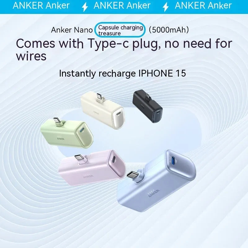 Small capsule-shaped portable power bank with Type-C port in various colours