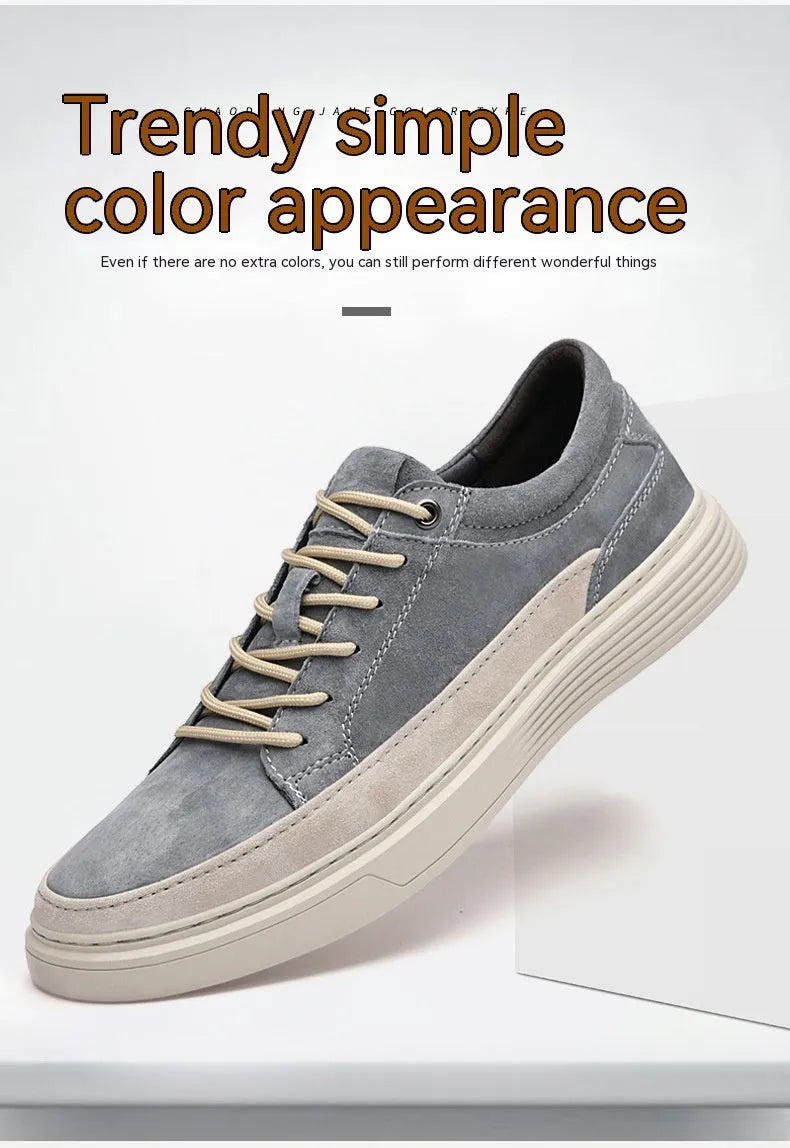 Men's grey casual leather skate shoes with round toe and lace-up front