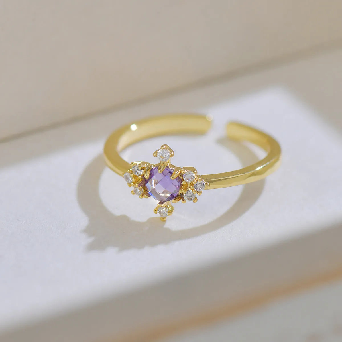 French style geometric open mouth ring with copper band and zircon stones in olive green or purple options